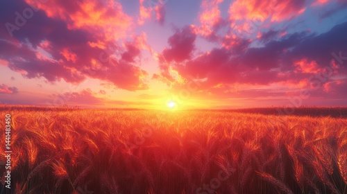 Obraz na płótnie Crimson Sunset Over a Golden Wheat Field: An Evocative Rural Scenery w salonie