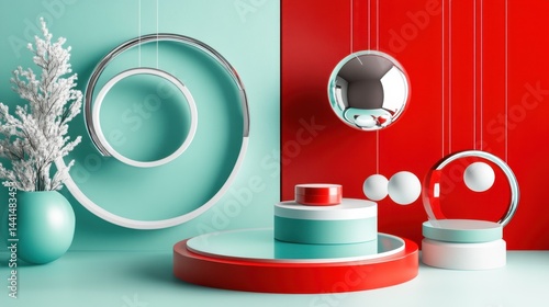 Obraz na płótnie Abstract geometric display showcasing vibrant colors and modern shapes for product presentation and artistic expression with a clean and minimalist aesthetic w salonie