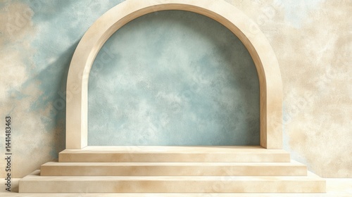 Elegant stone archway with steps against a textured blue and beige wall creating a serene and minimalist backdrop ideal for product display and artistic presentation