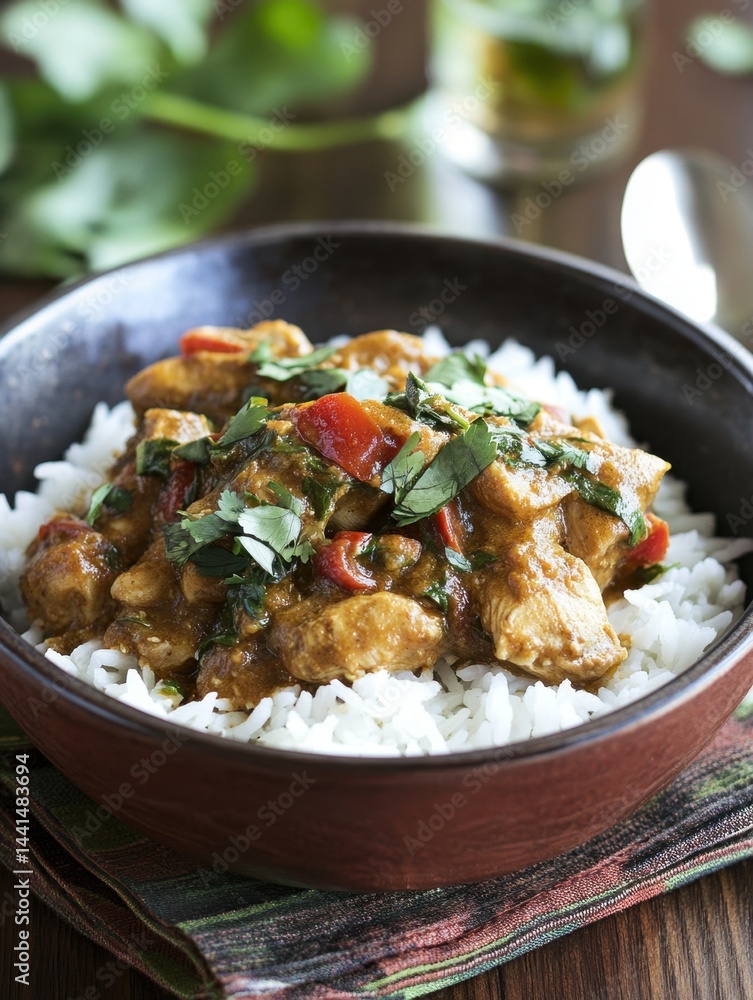 Delicious chicken curry with rice and fresh cilantro in a rustic bowl on a wooden table offering a warm and inviting culinary experience with vibrant colors