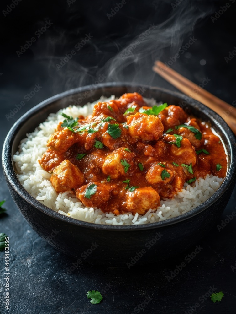 Steaming chicken tikka masala served over fluffy white rice in a black bowl with dark moody background a culinary delight showcasing rich flavors and textures