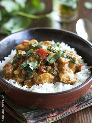 Obraz na płótnie Delicious chicken curry with rice and fresh cilantro in a rustic bowl on a wooden table offering a warm and inviting culinary experience with vibrant colors w salonie