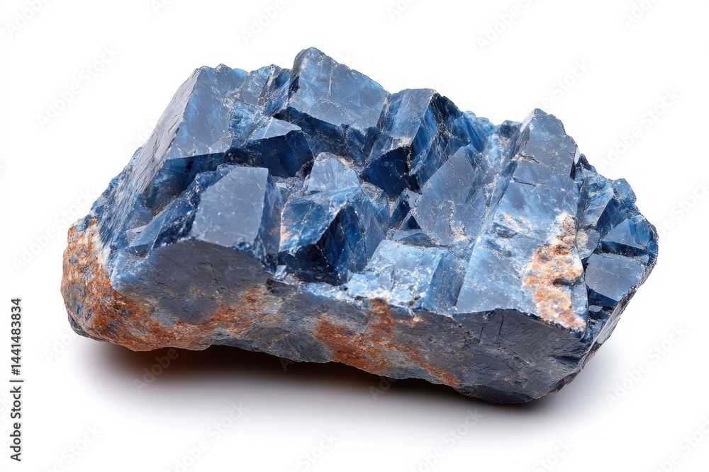 Captivating close up of a striking blue celestine mineral specimen against a bright white background showcasing its intricate crystalline structure and natural beauty