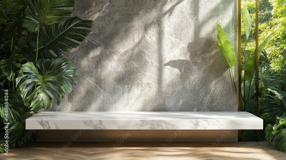 Serene indoor space with marble platform lush green foliage and natural light casting shadows on textured wall creating a tranquil and inviting atmosphere