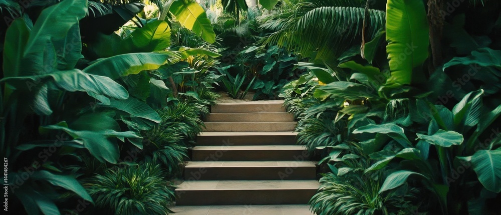 Serene stone stairway ascends through lush tropical foliage creating a tranquil and inviting pathway amidst vibrant greenery offering a peaceful and natural escape