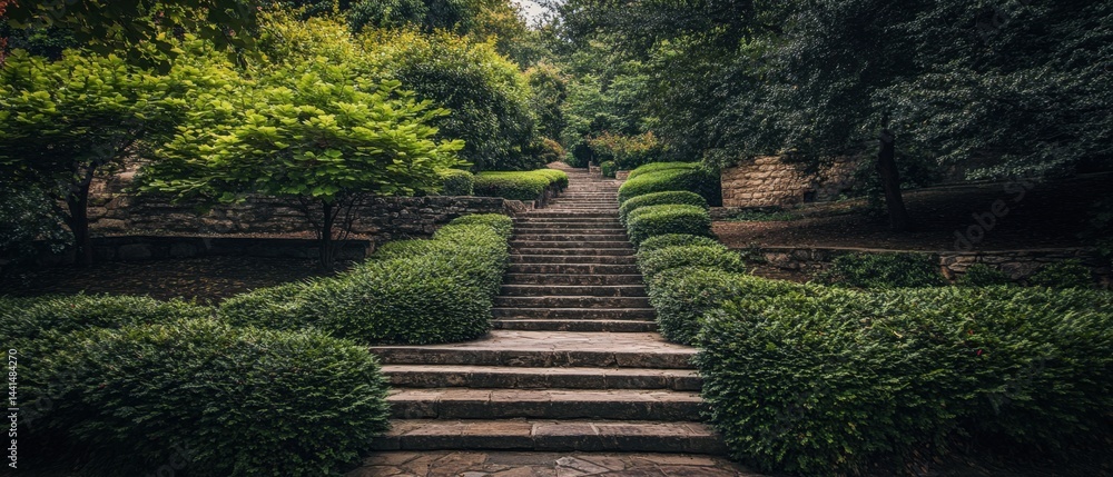 Serene stone staircase ascends through lush green garden foliage creating a tranquil and inviting atmosphere with natural light and a peaceful mood for stock photography use