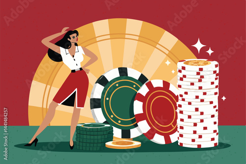 Cuadro en lienzo A glamorous woman triumphantly displays a giant casino chip,  bathed in the dazzling lights of a luxurious casino backdrop