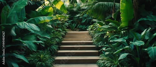 Obraz na płótnie Serene stone stairway ascends through lush tropical foliage creating a tranquil and inviting pathway amidst vibrant greenery offering a peaceful and natural escape w salonie