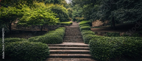 Obraz na płótnie Serene stone staircase ascends through lush green garden foliage creating a tranquil and inviting atmosphere with natural light and a peaceful mood for stock photography use w salonie