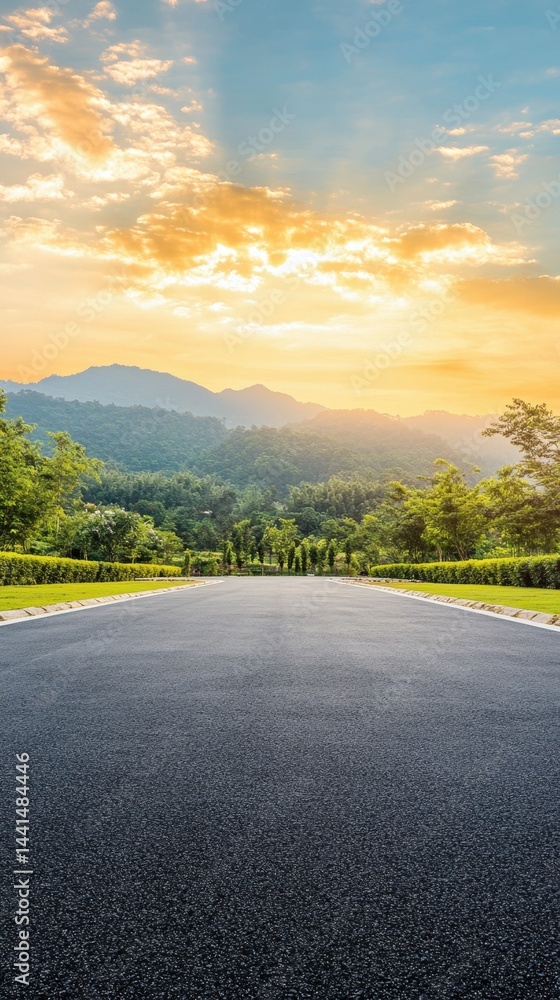Serene asphalt road leading toward majestic mountains under a vibrant sunset sky landscape with lush green trees and plants on both sides in a scenic view