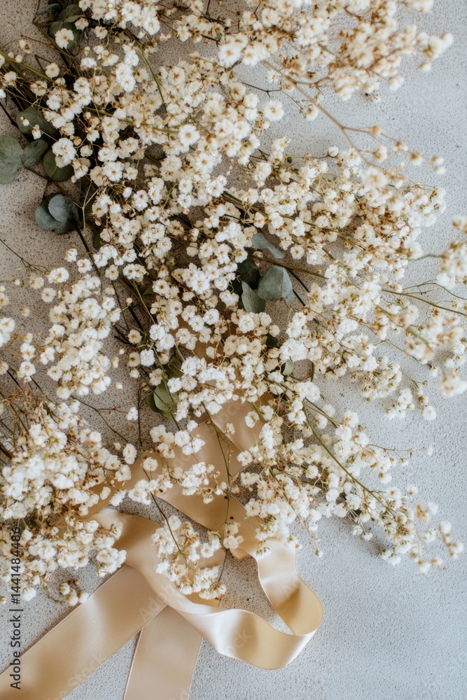 Delicate baby's breath flowers and golden ribbon on a textured gray surface creating a soft romantic floral arrangement for wedding or celebration
