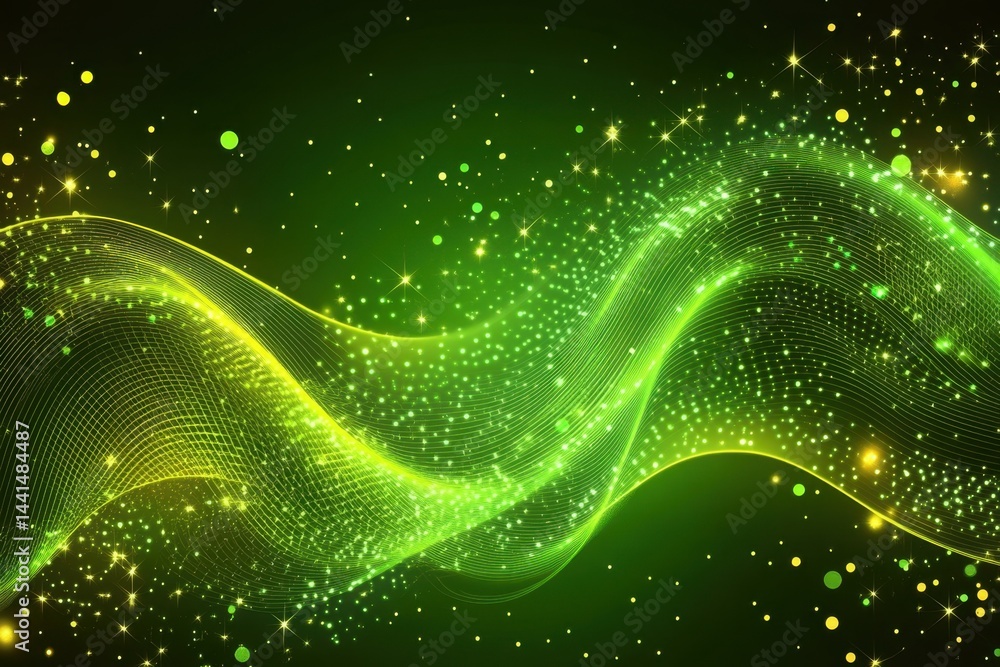 Luminous green wave on dark background with sparkling dots and stars creating a vibrant and ethereal atmosphere with a dynamic energy flow and modern aesthetic
