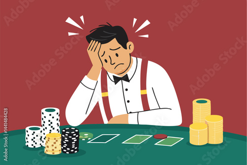 A dejected man at a blackjack table, showing clear disappointment after losing a hand.  He displays a frustrated facial expression.