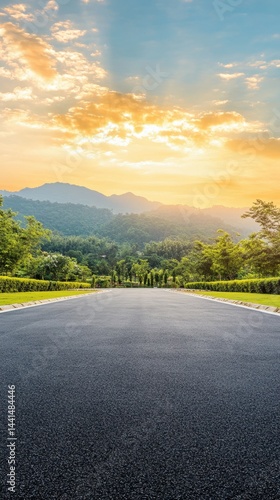 Obraz na płótnie Serene asphalt road leading toward majestic mountains under a vibrant sunset sky landscape with lush green trees and plants on both sides in a scenic view w salonie
