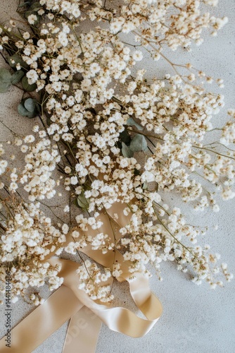 Obraz na płótnie Delicate baby's breath flowers and golden ribbon on a textured gray surface creating a soft romantic floral arrangement for wedding or celebration w salonie
