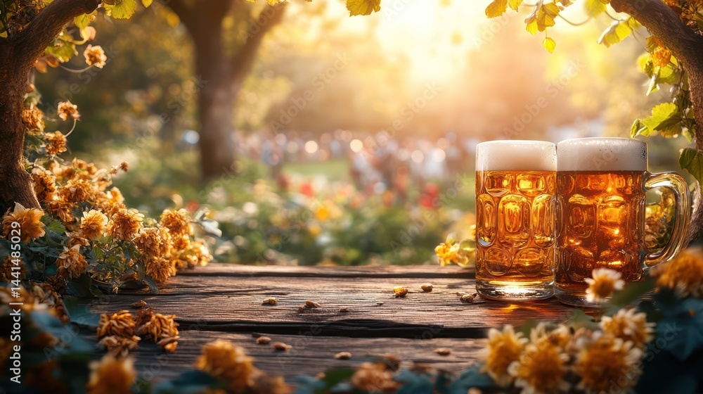 Refreshing beer mugs amidst autumnal floral splendor and wooden backdrop