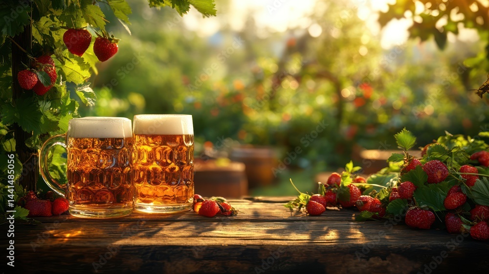 Golden beer mugs with strawberry accents, nestled in a sunny garden setting