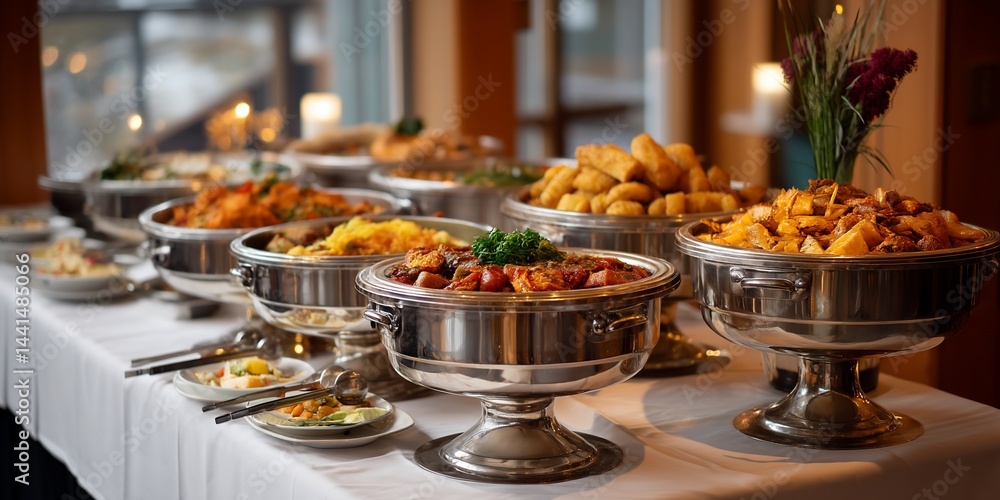 Buffet of assorted foods on a table in a banquet hall. Possible use for stock image banquet, food, catering, party, event Buffet of assorted foods on a table in a banquet hall. Possible use for stock image banquet, food, catering, party, event