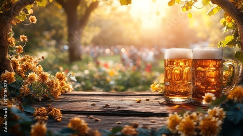 Obraz na płótnie Refreshing beer mugs amidst autumnal floral splendor and wooden backdrop w salonie