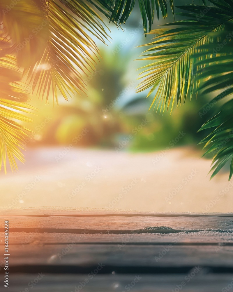Tropical paradise backdrop with palm leaves framing a sunlit beach and wooden deck evoking serene summer vibes and vacation memories