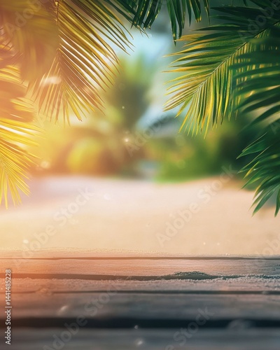 Obraz na płótnie Tropical paradise backdrop with palm leaves framing a sunlit beach and wooden deck evoking serene summer vibes and vacation memories w salonie