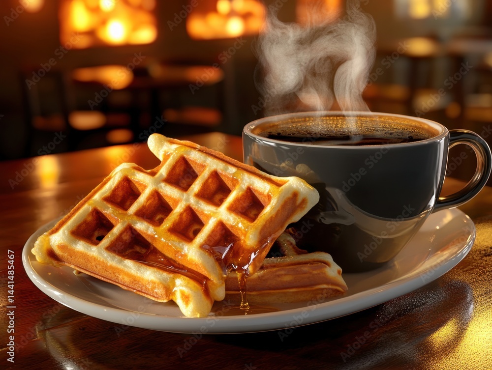 Golden waffles with dripping syrup and steaming coffee on a plate in warm light morning breakfast scene capturing the essence of a cozy and delicious start to the day