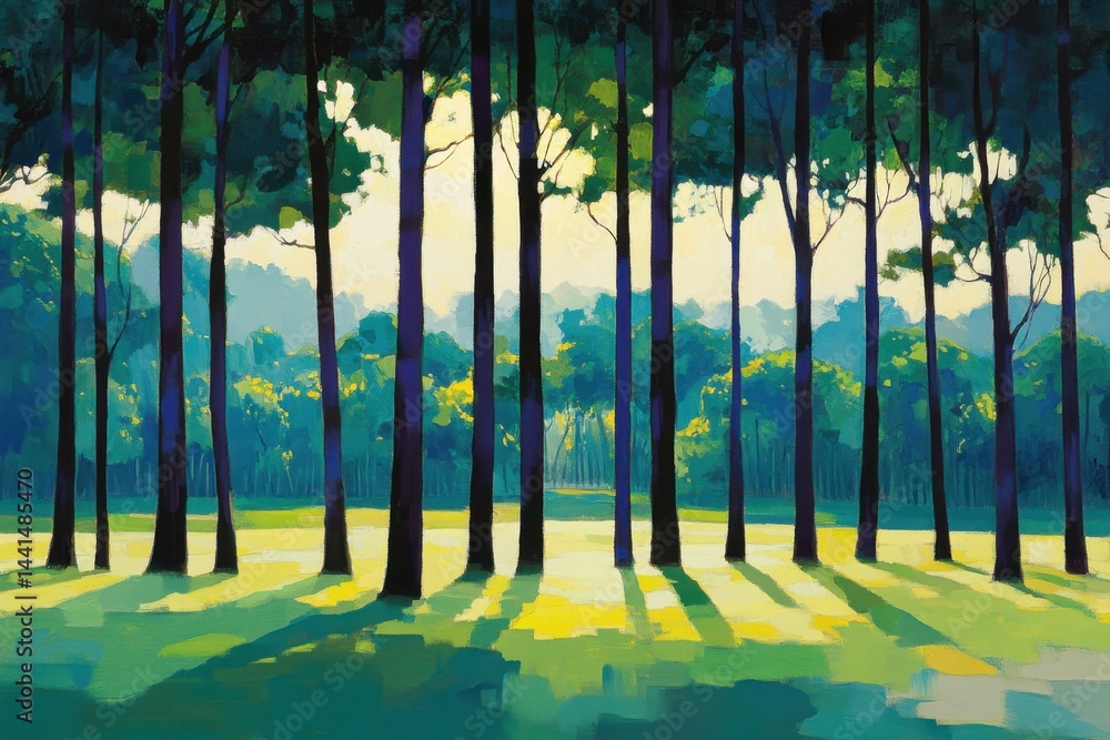 Serene forest scene with tall trees casting long shadows on a vibrant green meadow in a painterly style capturing the beauty of nature and tranquility