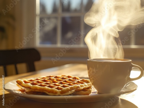 Warm breakfast scene with steaming coffee and golden waffles on a bright morning table setting in natural light capturing a cozy and inviting atmosphere