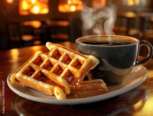 Obraz na płótnie Golden waffles with dripping syrup and steaming coffee on a plate in warm light morning breakfast scene capturing the essence of a cozy and delicious start to the day w salonie
