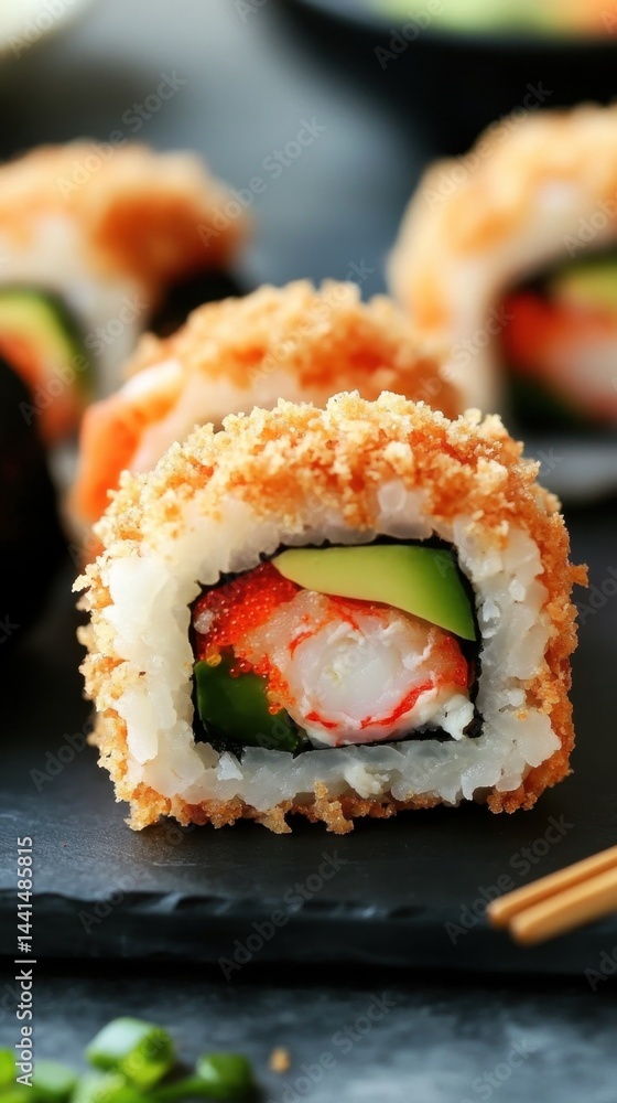 Delicious tempura sushi roll with avocado and crab on a black slate plate close up shot vibrant colors appetizing food photography culinary delight japanese cuisine