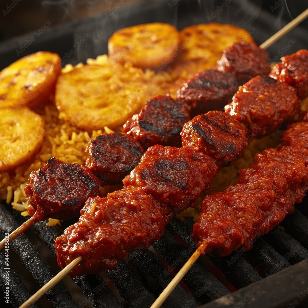Delicious grilled chorizo skewers with rice and plantain on a barbecue grill close up shot capturing the vibrant colors and appetizing textures in a studio setting