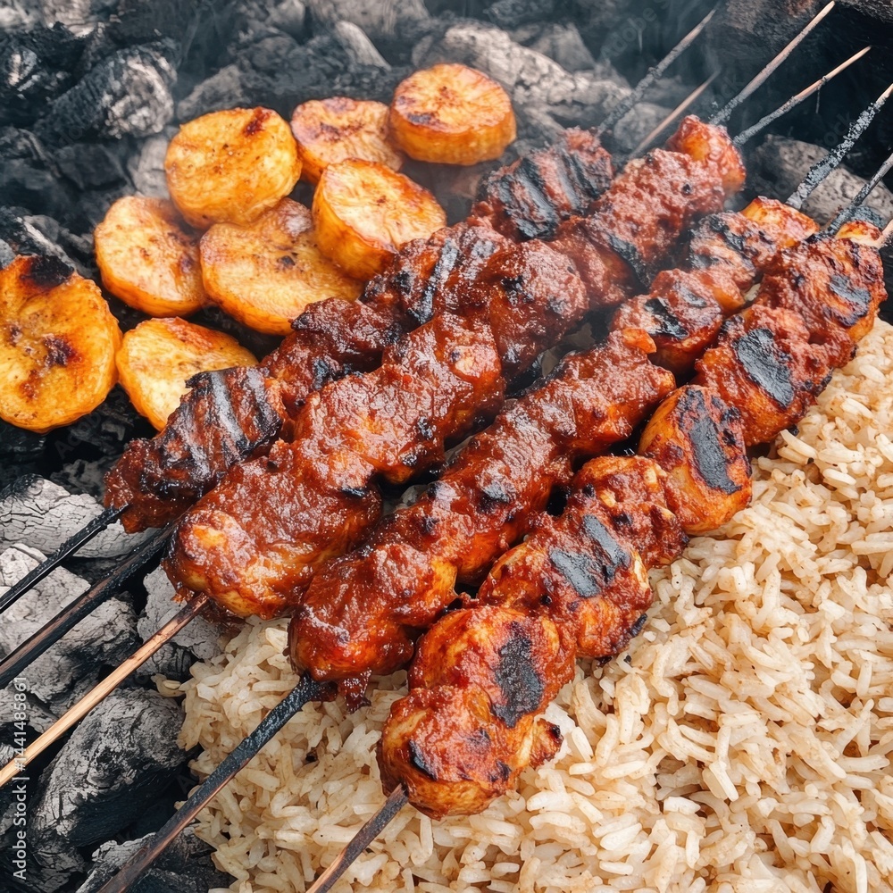 Grilled chicken skewers with rice and fried plantains on charcoal grill delicious food photography