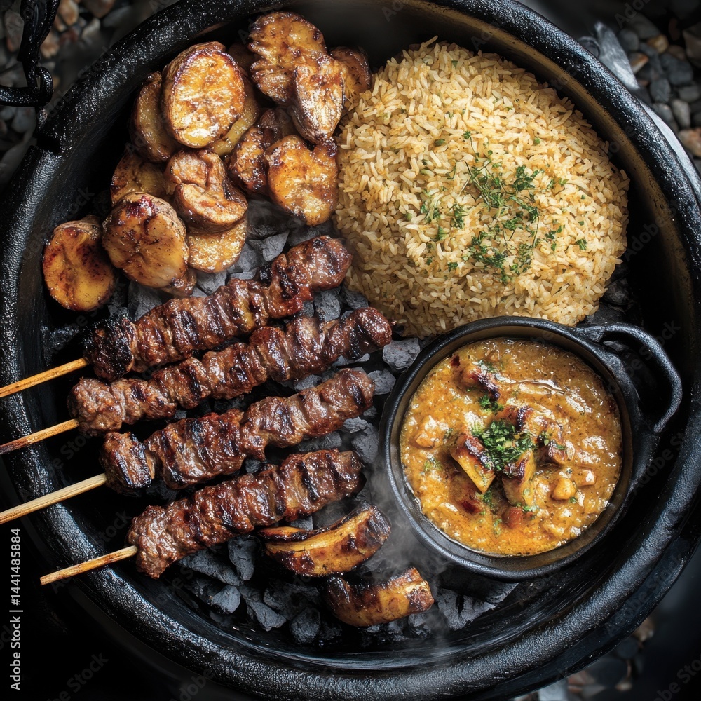 Exquisite grilled meat skewers with caramelized plantain rice and savory sauce in rustic black pot