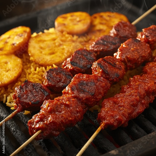 Obraz na płótnie Delicious grilled chorizo skewers with rice and plantain on a barbecue grill close up shot capturing the vibrant colors and appetizing textures in a studio setting w salonie