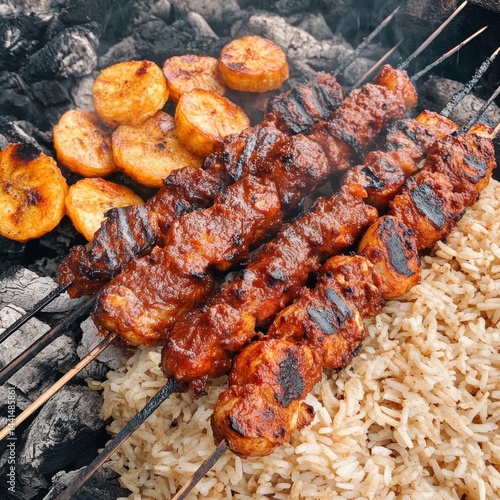 Obraz na płótnie Grilled chicken skewers with rice and fried plantains on charcoal grill delicious food photography w salonie