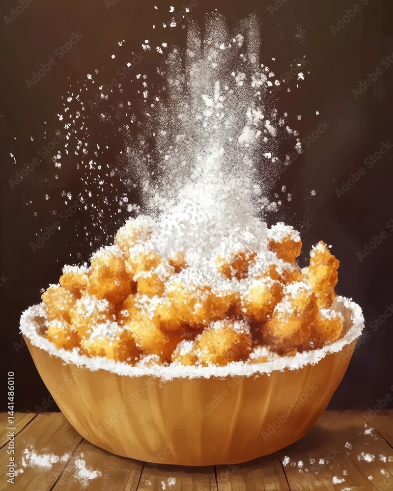 Artistic illustration of funnel cake in a wooden bowl with powdered sugar falling on top delicious dessert