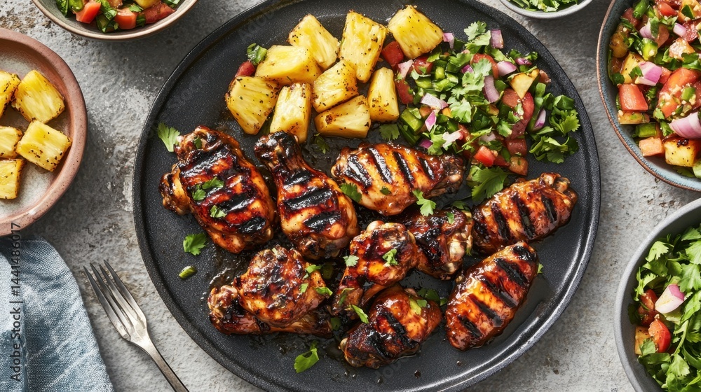 Delicious grilled chicken wings with pineapple salsa on a dark plate overhead shot food photography showcasing vibrant colors and appetizing textures perfect for culinary blogs
