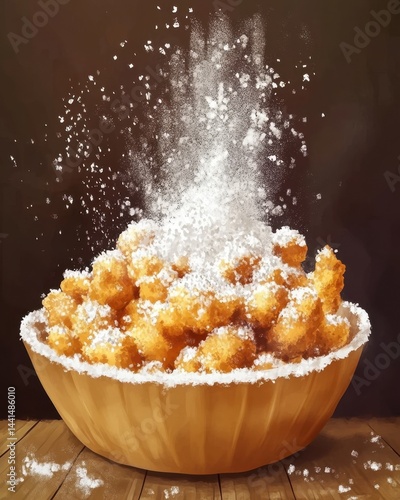 Obraz na płótnie Artistic illustration of funnel cake in a wooden bowl with powdered sugar falling on top delicious dessert w salonie