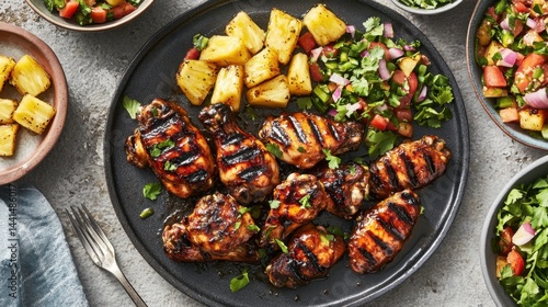 Obraz na płótnie Delicious grilled chicken wings with pineapple salsa on a dark plate overhead shot food photography showcasing vibrant colors and appetizing textures perfect for culinary blogs w salonie