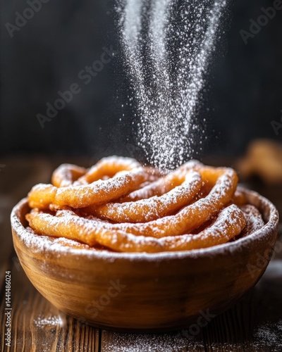Obraz na płótnie Funnel cake delight with powdered sugar cascade in rustic wooden bowl on dark background w salonie