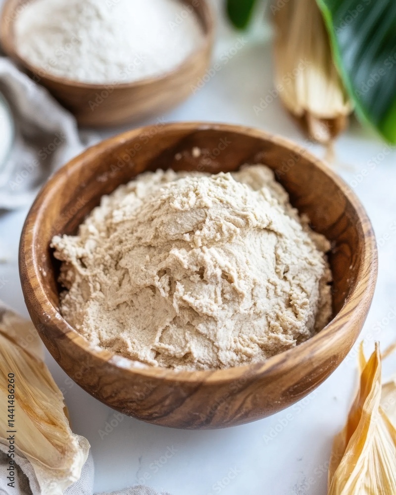 Rustic wooden bowl filled with homemade dough on a marble surface surrounded by corn husks and flour preparation for a delicious meal in a bright kitchen