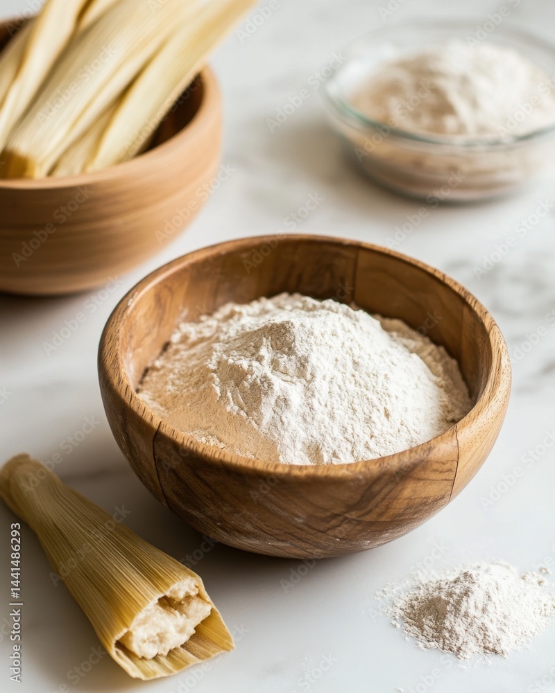 Rustic preparation of homemade tamales with corn husks and masa harina on a marble surface in a wooden bowl for traditional Mexican cuisine