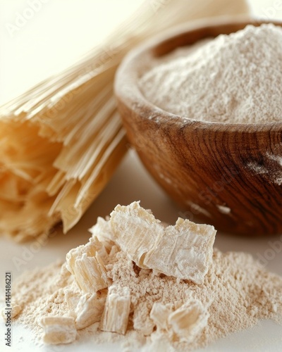 Obraz na płótnie Rustic still life featuring fresh yeast flour and noodles in a wooden bowl creating a culinary mood perfect for baking and cooking related themes w salonie