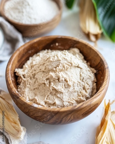 Obraz na płótnie Rustic wooden bowl filled with homemade dough on a marble surface surrounded by corn husks and flour preparation for a delicious meal in a bright kitchen w salonie