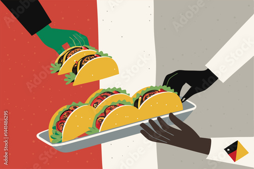 Create a minimalist vector illustration of two hands reaching for delicious tacos.  Focus on clean lines and bold colors.
