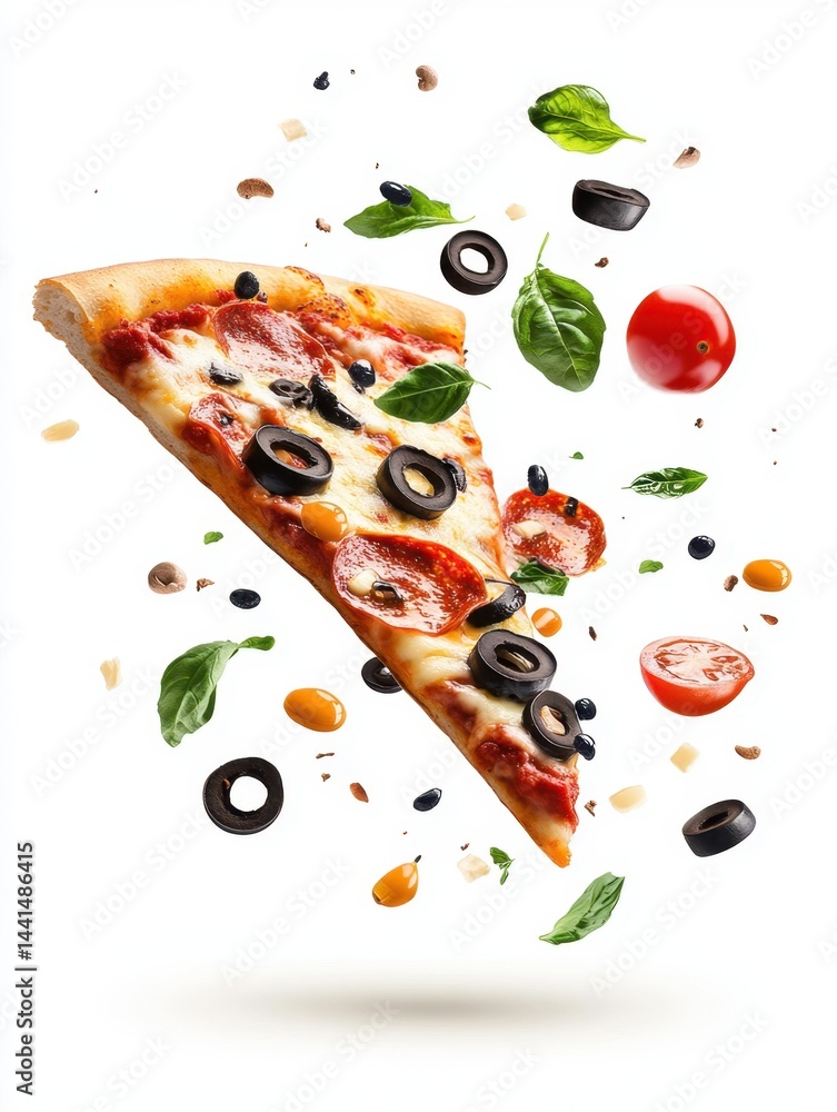 Appetizing pizza slice with pepperoni and olives floating in air on white background studio shot with basil and tomatoes for commercial use and advertising