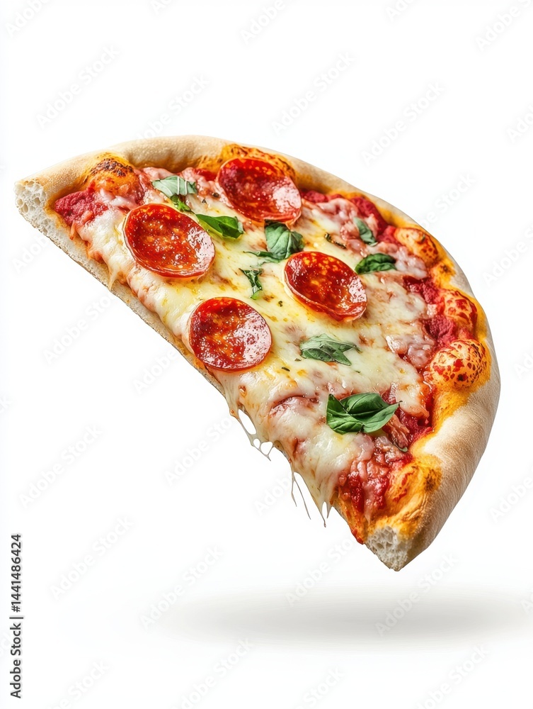 Appetizing Pepperoni Pizza Slice with Fresh Basil Leaves on White Background Delicious Italian Cuisine Close Up Shot Food Photography Studio Shot