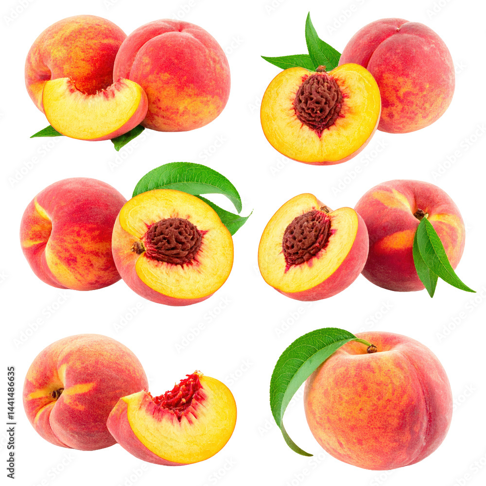 Peach collection with leaves isolated on white or transparent Peach collection with leaves isolated on white or transparent