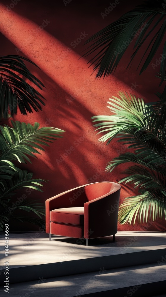 Elegant terracotta armchair bathed in sunlight against a textured wall with lush palm fronds creating a tropical modern interior design aesthetic