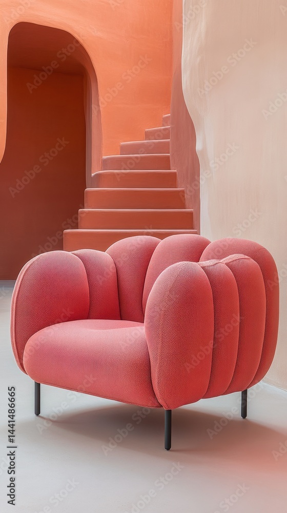 Cozy coral armchair against a backdrop of modern architecture with stairs and archways creating a serene and inviting ambiance in a contemporary home